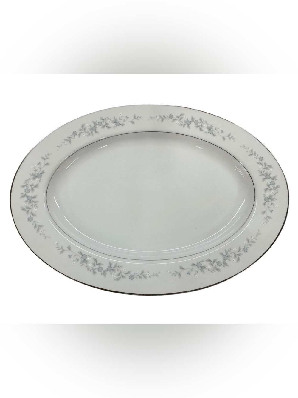 Vintage Forget Me Not Japan 12” Oval Serving Platter Blue Floral Silver Trim